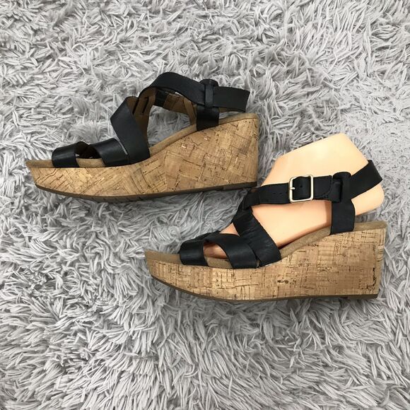 CLARKS ARTISAN BLACK LEATHER WEDGE CORK Straps SANDALS 10M - Picture 3 of 9